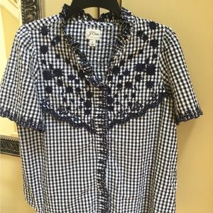 J. Crew Womens Sz Small Blue White check seersucker lace & floral embroidery top